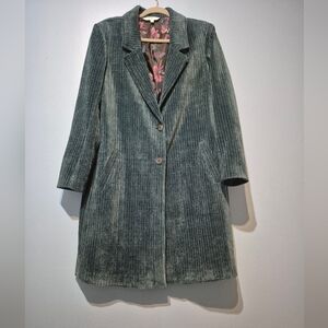 cleo Teal-Green Corduroy Trench Coat with Floral Lining